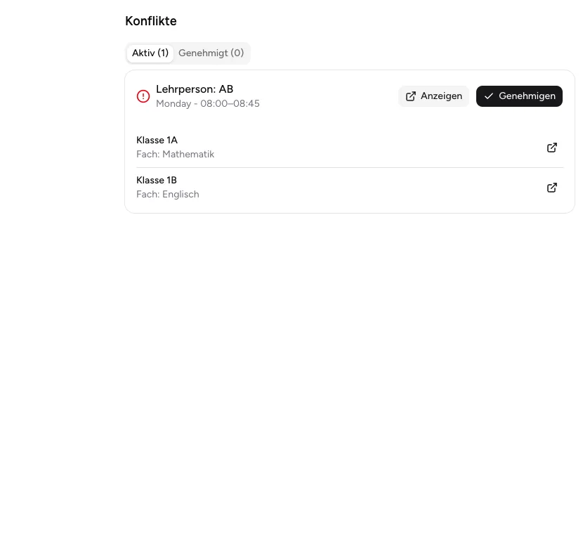 Aktiver Konflikt für eine Lehrperson mit zwei betroffenen Klassen