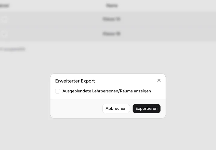 Dialog Erweiterter Export mit Option für ausgeblendete Ressourcen