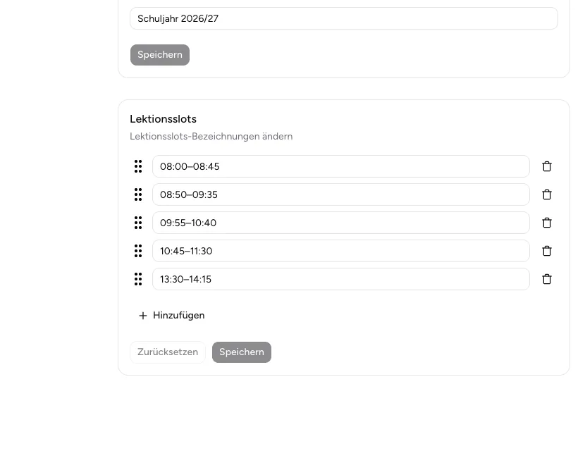 Projekteinstellungen mit sortierbaren Lektionsslots