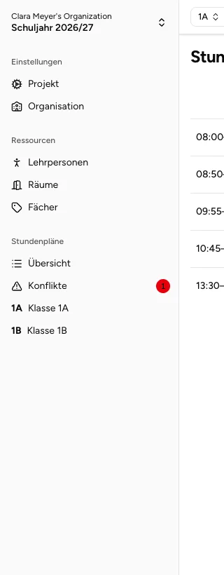 Projekt-Navigation in Stundenwerk mit markierten Bereichen
