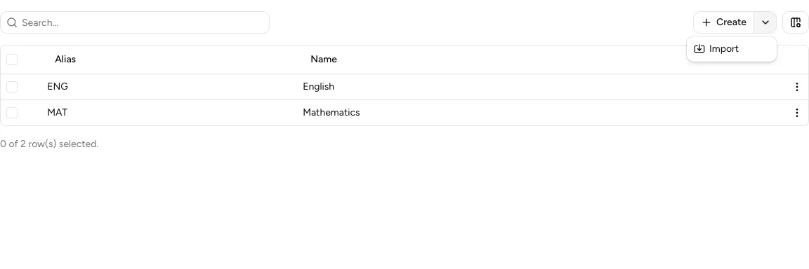 Import action and drop area in a master-data table