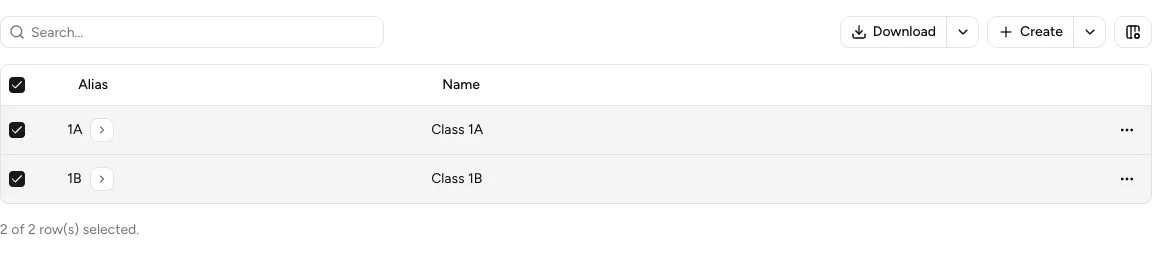 Selected timetable rows with download and overview menu
