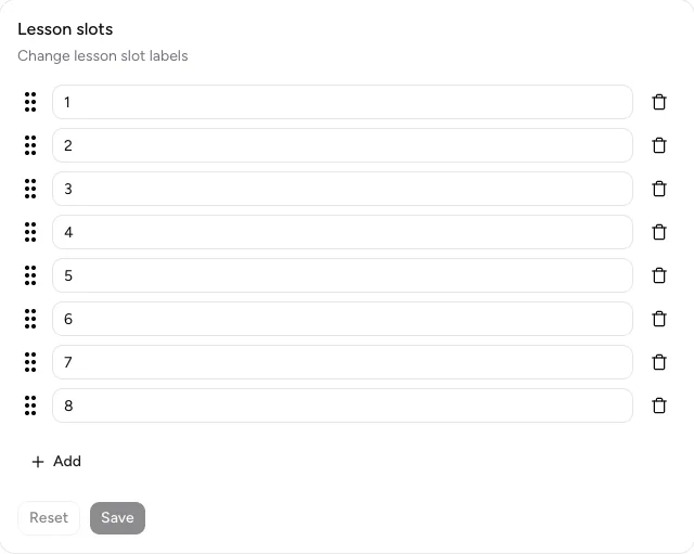Project settings with sortable lesson slots