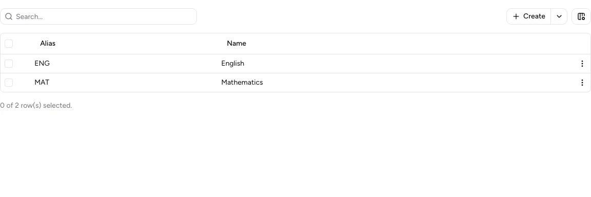 Master-data table with Create and Import actions