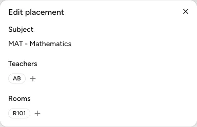 Edit placement dialog with teachers and rooms