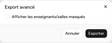 Boîte Export avancé avec l’option d’affichage des ressources masquées