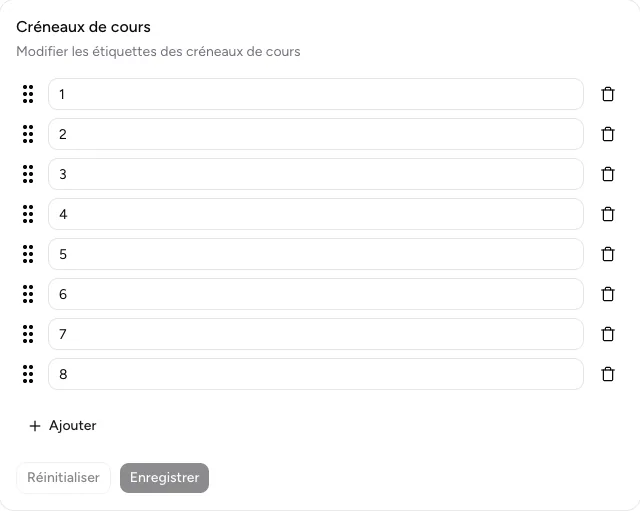 Paramètres du projet avec des créneaux de cours réorganisables