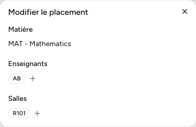 Boîte Modifier le placement avec les enseignants et les salles