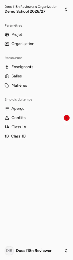 Navigation d’un projet Stundenwerk avec les sections mises en évidence